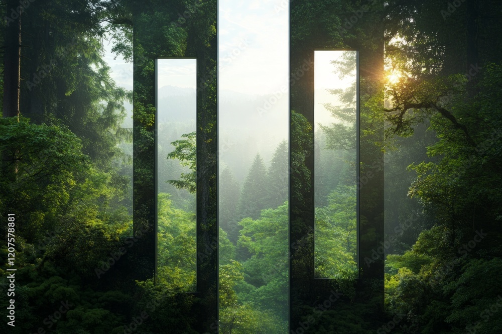 Poster goals and sustainability concept, serene forest with abstract rectangular shapes and sunlight filter