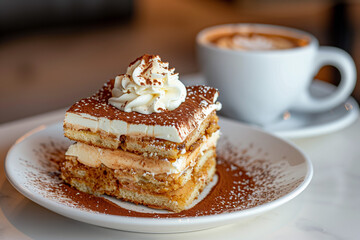 A decadent tiramisu dessert served with a cup of coffee 