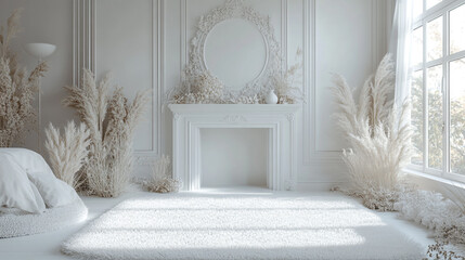 Elegant white interior with soft textures and natural elements in a serene setting