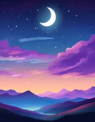Lavender mountain peaks glowing under crescent moon, starry twilight casting ethereal light across tranquil wilderness landscape