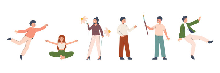 People in different active poses. Cute teens, girl meditation and holding flowers. Flying and falling men, boy giving brush to friend, vector characters