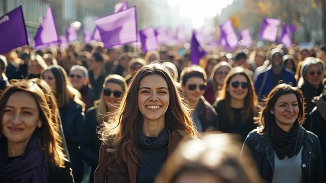 Diverse group of women walk together united celebration of girls power empowerment. People hold purple feminism flags. Happy women's day. Feminists crowd march. 8 march holiday protest. Female rights.