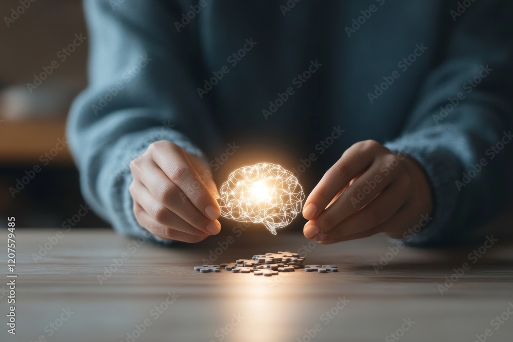 Poster goals with strategy and impact concept, a person holds a glowing brain-shaped object above puzzle pi