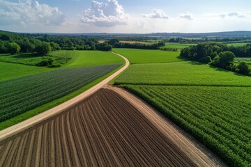 A picturesque scene of a curving dirt path surrounded by vibrant green fields under sweeping blue skies, exemplifying the serene beauty of rural landscapes.