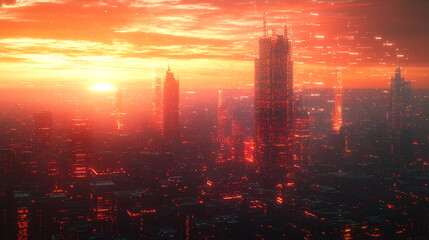Fototapeta premium Vibrant sunset over a futuristic city landscape with glowing skyscrapers