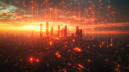 Fototapeta premium Urban skyline glows during sunset with fiery elements cascading from above