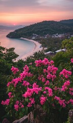 A vibrant vase of flowers rests on a rugged rock, casting a colorful contrast against the serene beach and shimmering waves in the background.