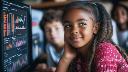 Young Coder's Confidence: A young girl with bright eyes and a confident smile sits in front of a computer screen displaying charts and graphs.  She is surrounded by her peers.
