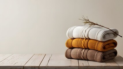 Stack of wool knitted winter clothes on a wooden chest. Winter concept of home warmth and comfort. Charity and donation drive for winter clothes. Copy space, long banner.