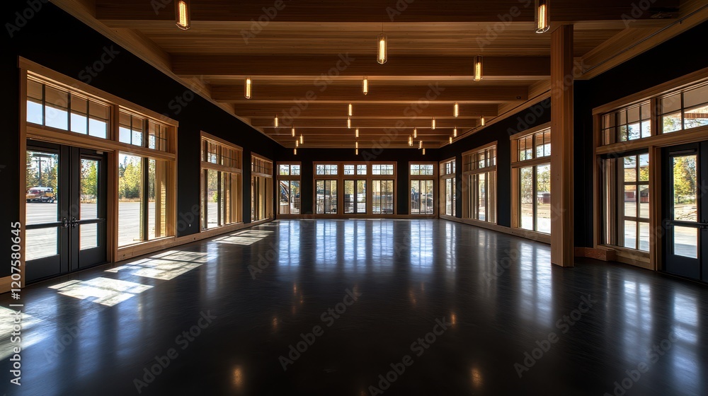 Poster a serene room bathed in sunlight, featuring numerous windows that invite warmth and brightness, crea