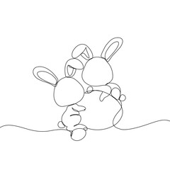 Easter Holiday decoration. Rabbit and eggs continuous line drawing. Hand drawn vector illustration.