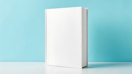 White hardcover book mockup on clean blue background, blank cover design for branding, marketing, and publishing, high-resolution template for graphic designers and print presentation