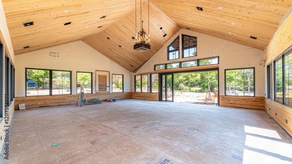 Poster a spacious room flooded with natural light through numerous large windows, featuring a high ceiling 