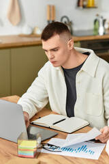 Fototapeta premium Handsome young man focuses on his freelance tasks while seated at his chic kitchen table.