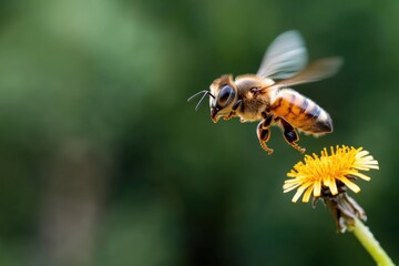Naklejka premium A close-up of a bee hovering near a vibrant yellow flower, showcasing the intricate details of its wings and body while contributing to the beauty of nature and pollination.