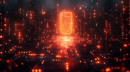 A glowing orange circuit board in a dark, futuristic city.