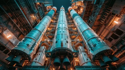 Rocket assembly facility interior showcasing advanced technology and precision engineering, where skilled technicians meticulously construct and test spacecraft components
