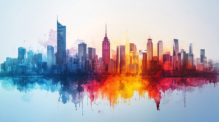 Fototapeta premium Colorful skyline showcasing a vibrant city at sunset with artistic watercolor effect