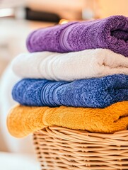 A stack of neatly folded towel in a woven basket, showcasing vibrant colors.
