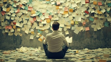 Man Surrounded By Numerous Sticky Notes On A Wall And Floor
