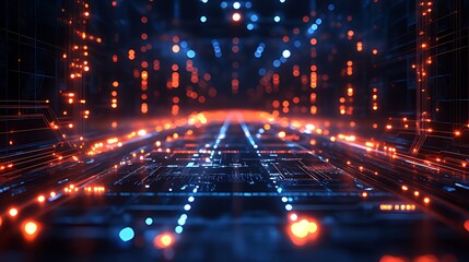 Abstract futuristic digital background with glowing lines and circuit board pattern.