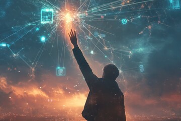 A leader raising their hand toward a digital sky, with beams of light connecting to various industries and technologies.