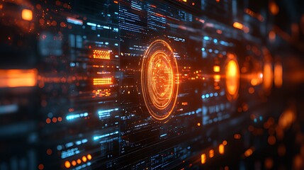 Abstract futuristic digital interface with glowing circles and lines.