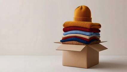 Stacked clothes for donation in a cardboard box. Winter clothes in a cardboard box. Seasonal clothing. Charity or donation drive backdrop with copy space.
