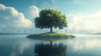 A solitary tree stands on a small island in the middle of a lake with a city skyline in the background.