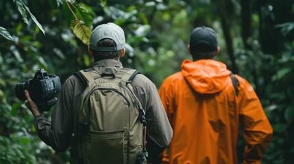 Fototapeta premium Exploring the Lush Rainforest: Two Adventurers on a Photography Expedition