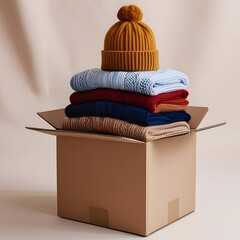 Stacked clothes for donation in a cardboard box. Winter clothes in a cardboard box. Seasonal clothing. Charity or donation drive.