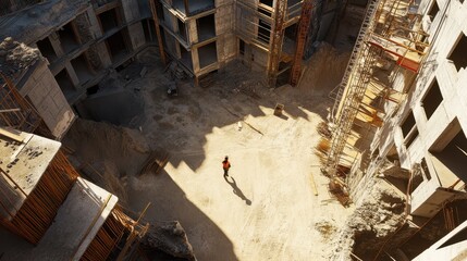 A lone man strides confidently through a bustling construction site, accompanied by a majestic horse, embodying a unique blend of industry and nature.