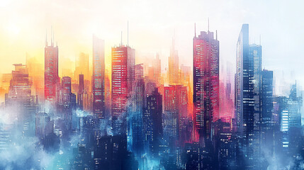 Obraz premium Urban skyline at sunset showcases vibrant colors and modern architecture in a bustling city