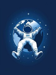 Fototapeta premium An astronaut floats in space, reaching toward Earth, surrounded by stars against a deep blue background.