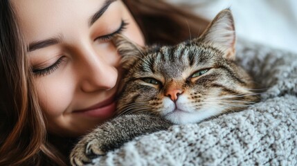 Woman cuddling a tabby cat, peaceful moment of affection and companionship