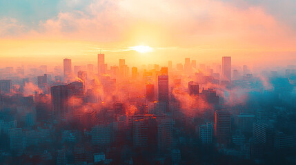 Fototapeta premium Sunset over a city skyline with colorful clouds and mist in the atmosphere