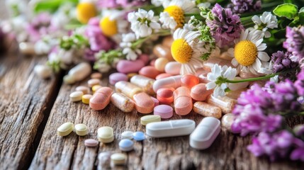A vibrant cluster of colorful pills intermingles with delicate flowers, creating a striking contrast on a rustic wooden table.