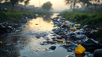A polluted stream with plastic debris and garbage.