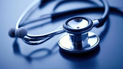 A shiny stethoscope rests on a table, its sleek design contrasting beautifully against a calming blue backdrop, inviting thoughts of health and care.