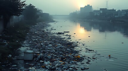 A polluted river with trash and debris along the banks, a hazy sunrise in the background.