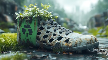 An old, worn-out shoe with a plant growing out of it sits in a mossy forest setting, highlighting the concept of sustainability and environmentalism.