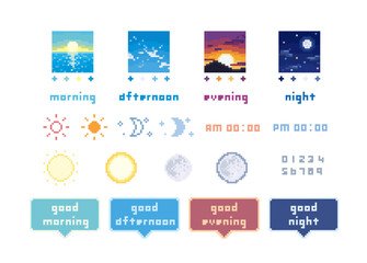 ドット絵のかわいい朝昼晩の装飾イラストセット　一日　時間　昼夜　挨拶　ピクセル