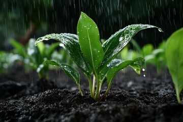 Freshly sprouted plants stand tall in rich soil with raindrops scattered on their leaves, symbolizing growth and the continual nurturing cycle of nature for flourishing ecosystems.