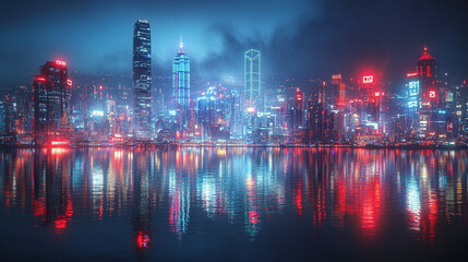 City skyline illuminated at night with vibrant reflections on water