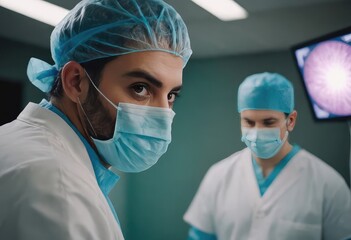 A diverse team of skilled surgeons in scrubs and masks in an OR