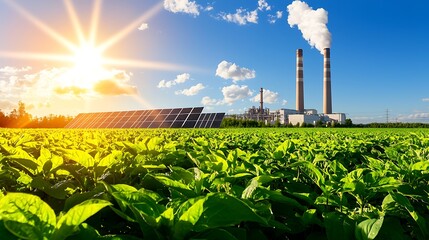 Stunning View of Large Coal Power Plant with Solar Panels and Fields