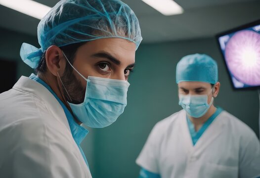 A diverse team of skilled surgeons in scrubs and masks in an OR