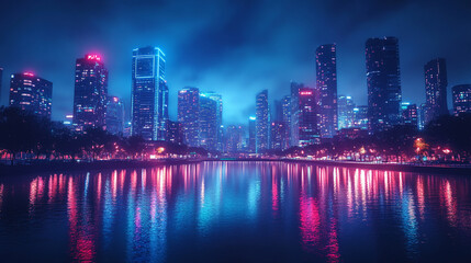 Cityscape reflecting colorful lights on the river at night with a foggy atmosphere
