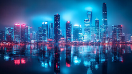 Dynamic skyline of a modern city illuminated by vibrant neon lights at night