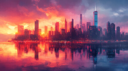 Obraz premium City skyline at sunset reflecting on water with vibrant colors and dramatic clouds